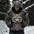Men's Viking Wolf Art Knit Pocket Hooded Sweater artswardrobe