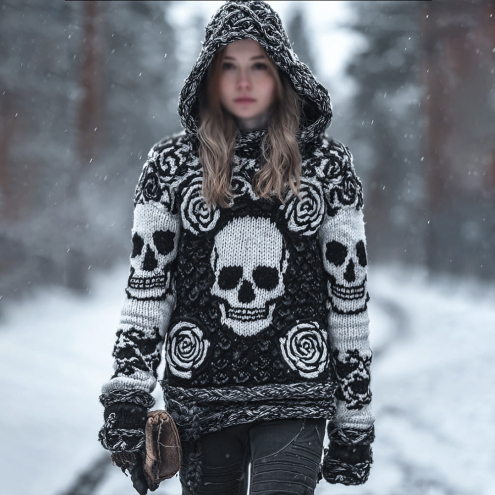 Women's Vintage Three-dimensional Skull Rose Black And White Warm Hooded Sweater artswardrobe