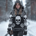 Women's Vintage Three-dimensional Skull Rose Black And White Warm Hooded Sweater elevenforest
