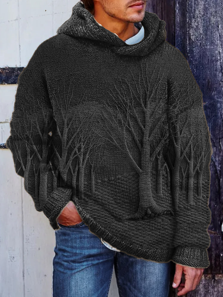 Men's Winter Forest Landscape Crochet Cozy Hooded Sweater artswardrobe