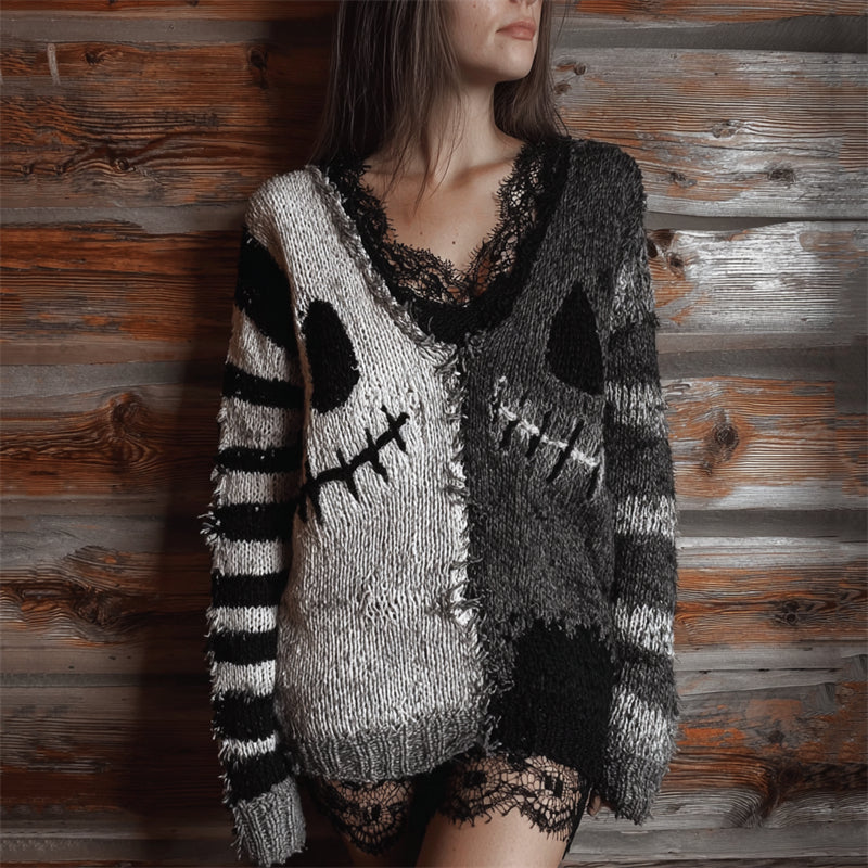 Halloween Spooky Faces Contrast Patchwork Cozy Knit Sweater artswardrobe