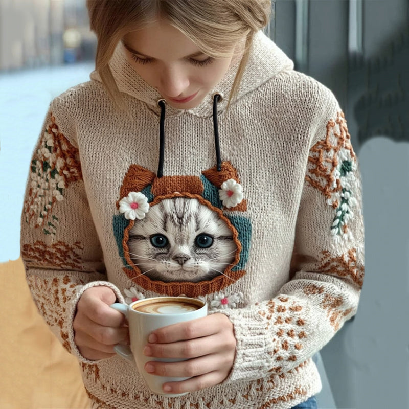 Women's Cute Winter Cat Art Knitted Warm Sweater