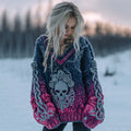 Women's Retro Celtic Knot Skull Gradient V-neck Sweater artswardrobe