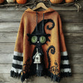 Women's Halloween Black Cat Striped Knitted Hooded Sweater elevenforest