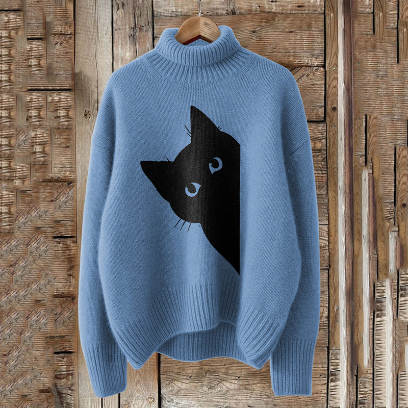 Vintage Peek-A-Boo Hiding Black Cat Pattern Print Turtleneck Knitted Cozy Pullover Sweater elevenforest