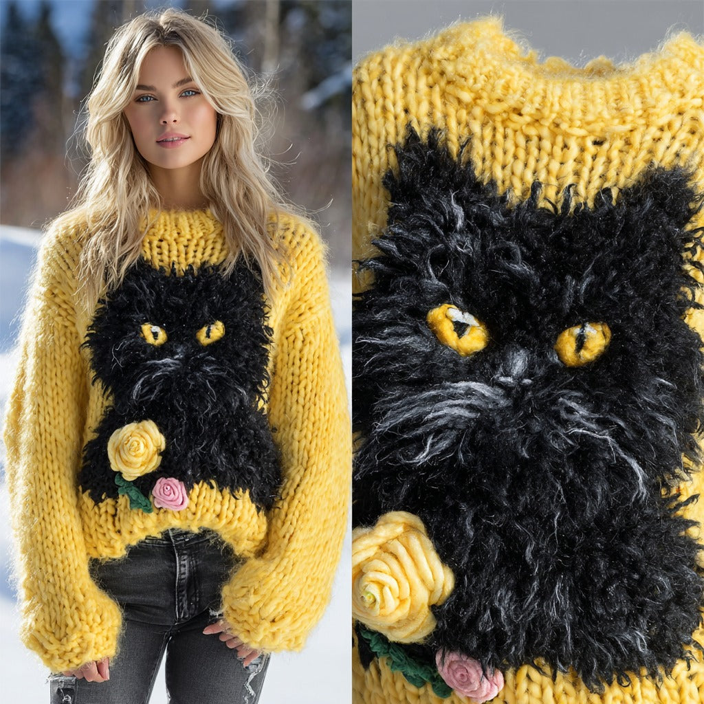Women's National Black Cat Day Cute Black Cat Art Knitted Warm Sweater elevenforest