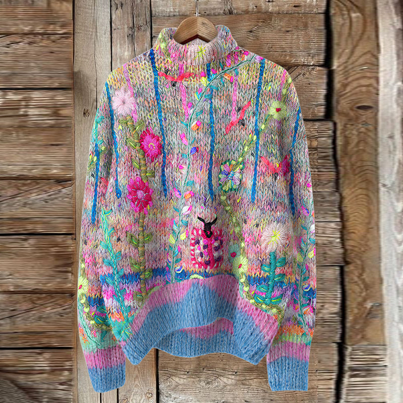 Vintage Floral Print Turtleneck Knitted Cozy Pullover Sweater artswardrobe
