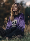 Halloween Skull Pattern Purple Gradient Cozy Knit Sweater artswardrobe