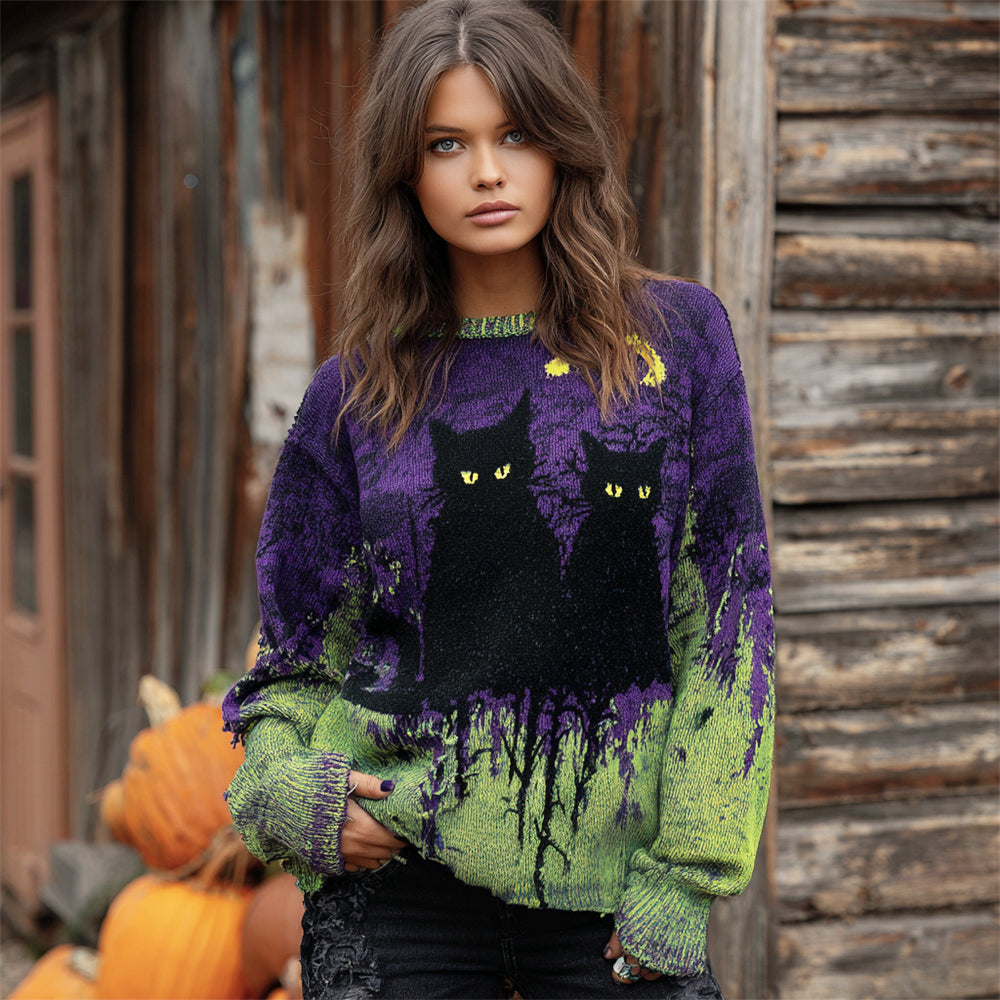 Comstylish Halloween Black Cat Art Women's Knitted Sweater