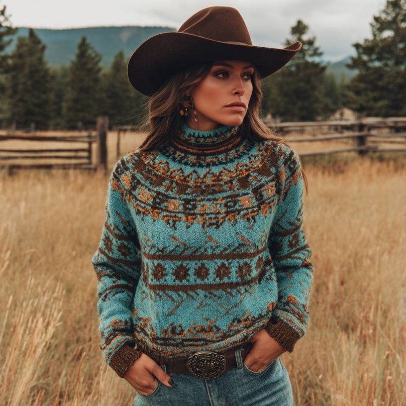 Women's Western Geometric Art Print Knit Turtleneck Sweater artswardrobe