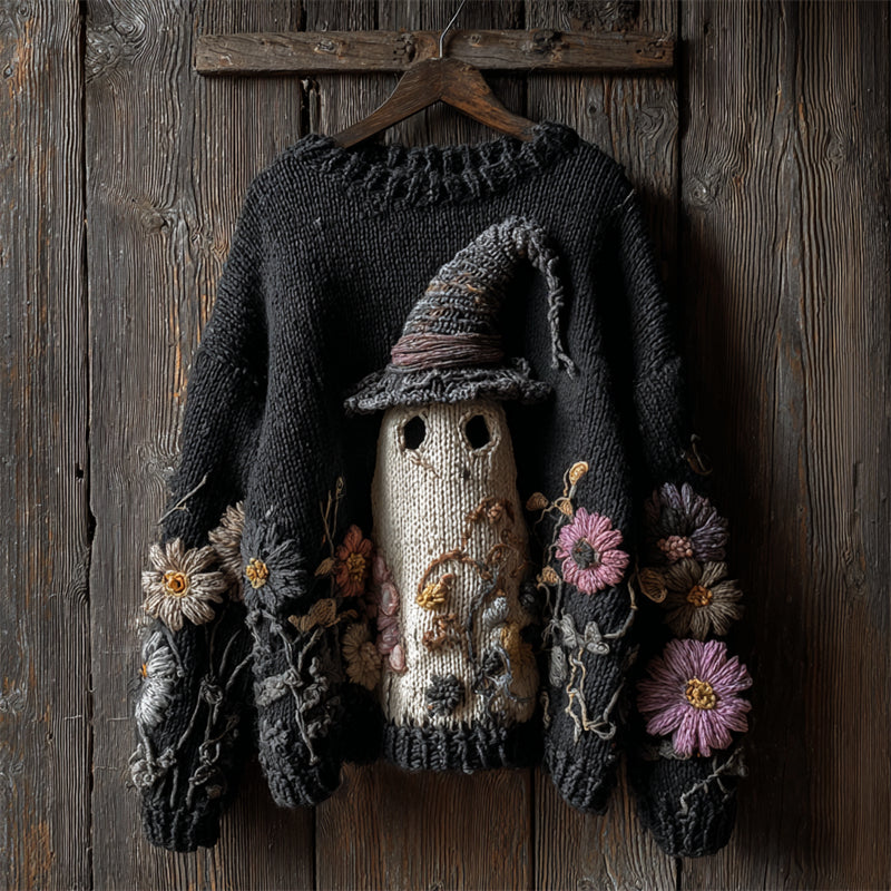 Comstylish Halloween Lovely Ghost Floral Crochet Cozy Knit Sweater
