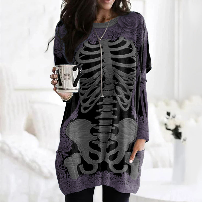 Comstylish Comstylish Women's Halloween Skeleton Bones With Rose Art Cozy Knit Turtleneck Mini Sweater Dress