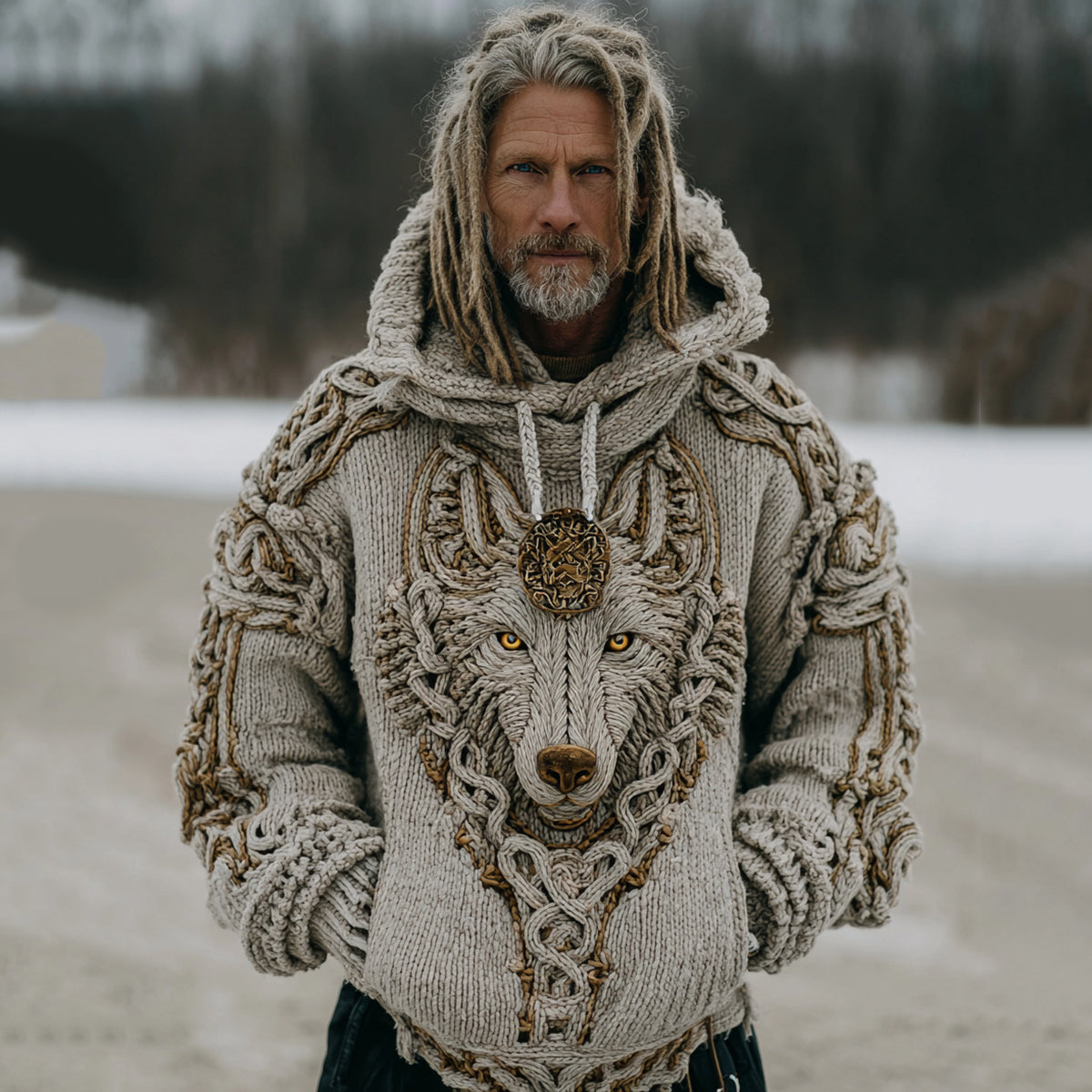Men's Vintage Viking Wolf Cozy Knit Hooded Sweater elevenforest
