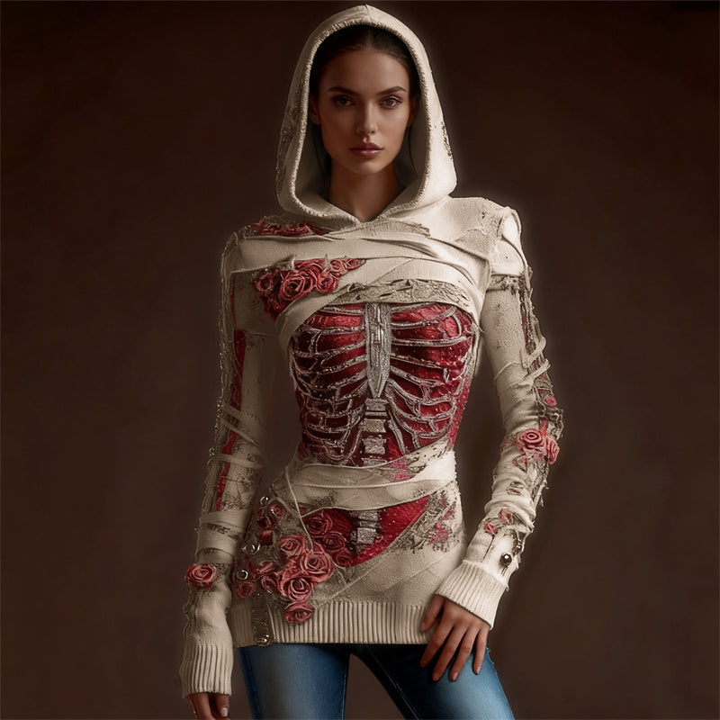Comstylish Classy Skeleton Anatomy Bloody Roses Bandages Hooded Sweater