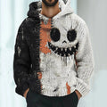 Men's Halloween Pumpkin Face Colorblock Stitched Cozy Knit Hooded Sweater artswardrobe