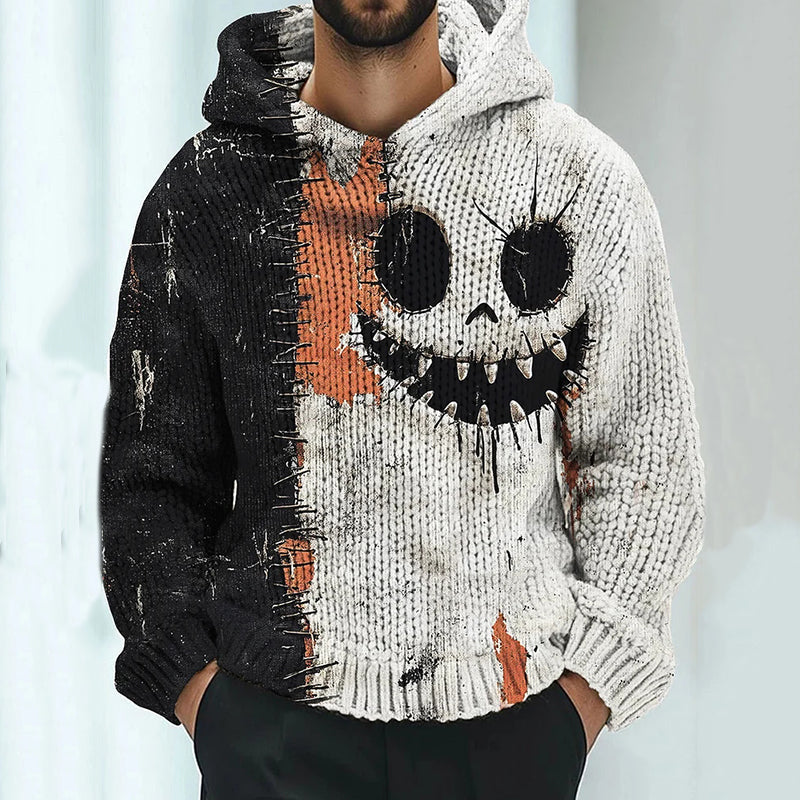 Men's Halloween Pumpkin Face Colorblock Stitched Cozy Knit Hooded Sweater artswardrobe