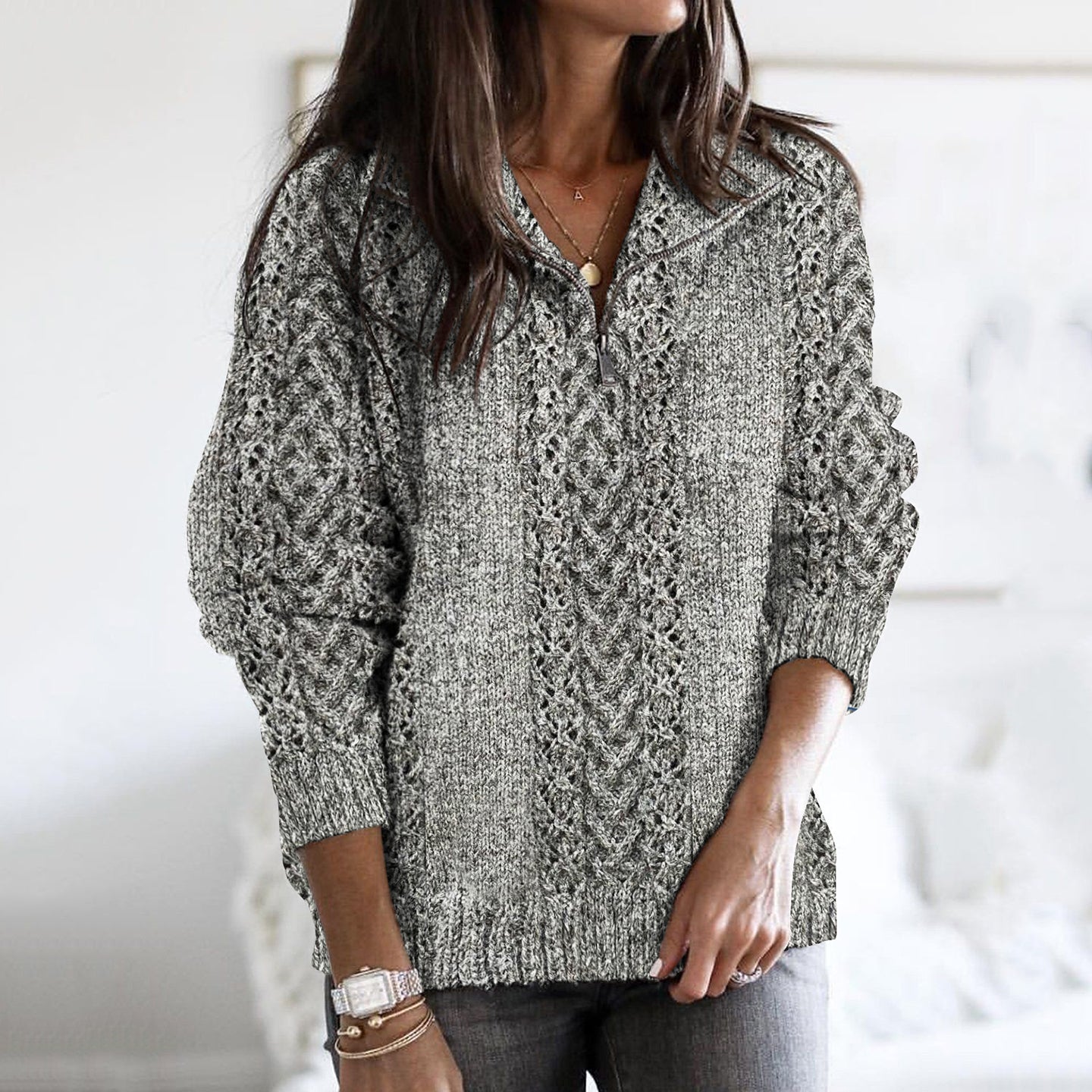Women's Thick Knit Design Pattern Half Zip Neck Sweater artswardrobe