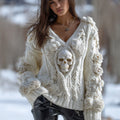 Vintage Viking Celtic White Rose Skull Cozy Knit V-neck Sweater artswardrobe