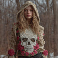 Women's Halloween Pink Vintage Pink Rose White Skull Crochet Hoodie Sweater artswardrobe