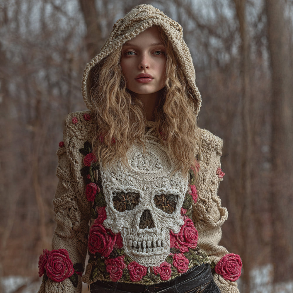 Comstylish Women's Halloween Pink Vintage Pink Rose White Skull Crochet Hoodie Sweater