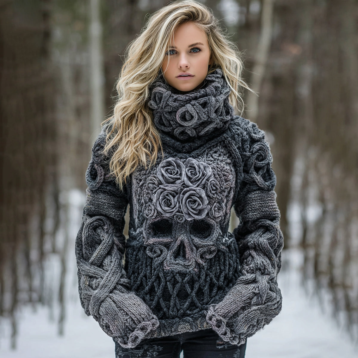 Women's Vintage Rose Skull Jacquard Chunky Knit Ombre Turtleneck Sweater artswardrobe