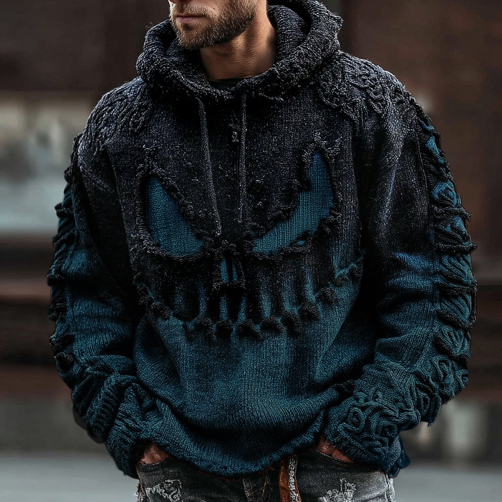 Men's Halloween Spooky Face Gradient Inspired Knitted Distressed Hooded Sweater elevenforest