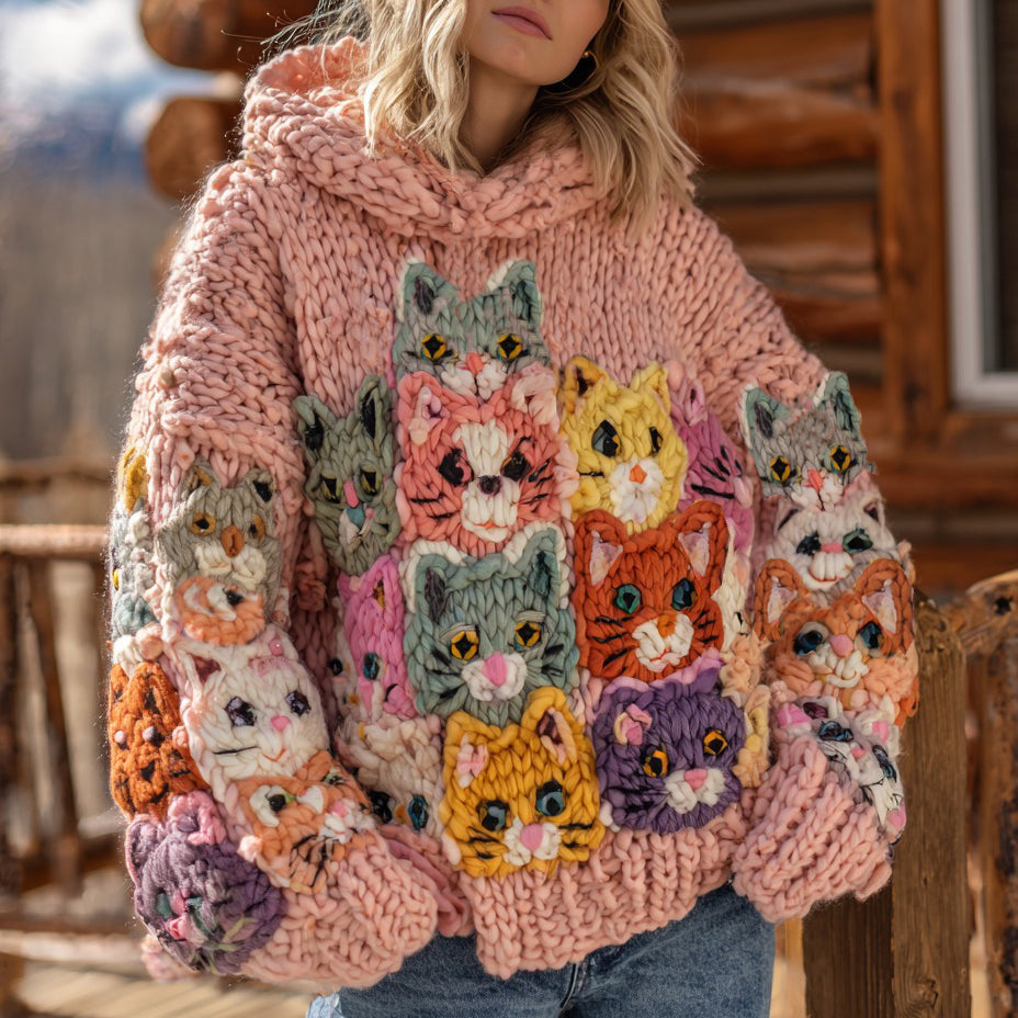 Women's Colorful Cats Pattern Cozy Chunky Knit Hooded Sweater artswardrobe