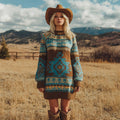 Women's Vintage Western Geometric Art Print Cozy Knit Sweater Dress artswardrobe