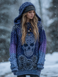Women's Viking Tribal Jacquard Celtic With Rose And Skull Inspired Chunky Knit Hooded Sweater artswardrobe