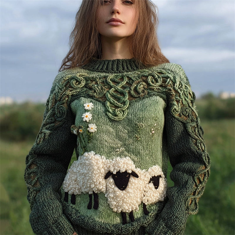Comstylish Vintage Fuzzy Sheep Floral Celtic Cozy Knit Sweater