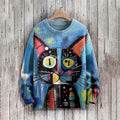 Cute Cat Art Pattern Print Casual Knit Pullover Sweater elevenforest