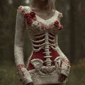 Comstylish Halloween Skeleton Rose Bandage V-neck Sweater