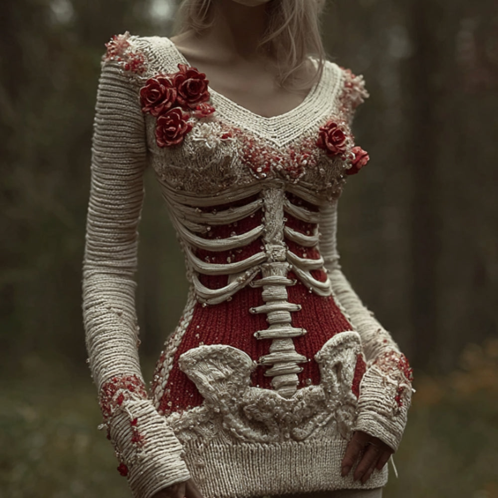Comstylish Halloween Skeleton Rose Bandage V-neck Sweater