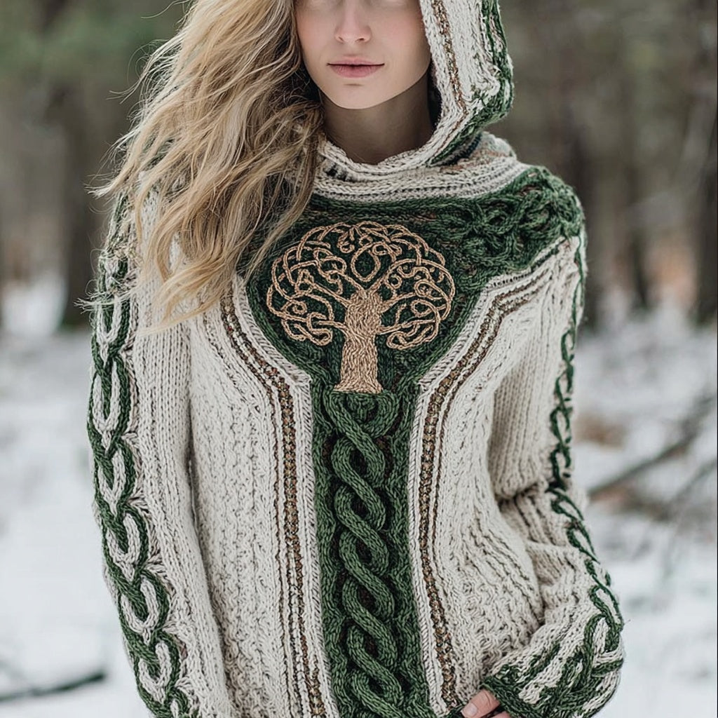 Vintage Tree Of Life Viking Inspired Cozy Knit Hooded Sweater artswardrobe