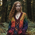 Vintage Rainbow Gradient Celtic Jacquard Chunky V-neck Aran Sweater elevenforest