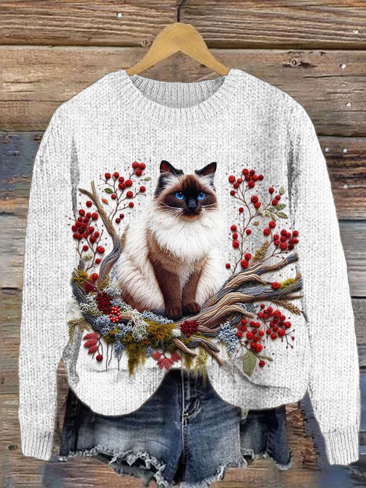 Floral & Cat Embroidery Women's Cozy Sweater elevenforest
