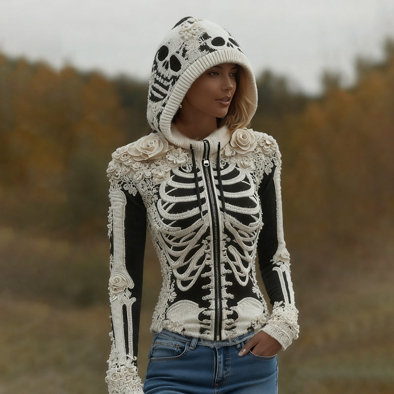 Women's Halloween Skeleton Bones With Roses Art Knitted Warm Zipper Hooded Sweater artswardrobe