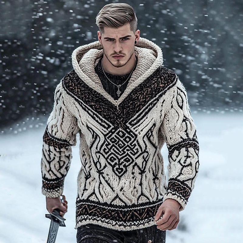 Men's Viking Tribal  Jacquard Celtic Inspired Cozy Hooded Sweater artswardrobe