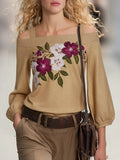 Retro-chic Floral Embroidered Off-shoulder Khaki Knit Sweater