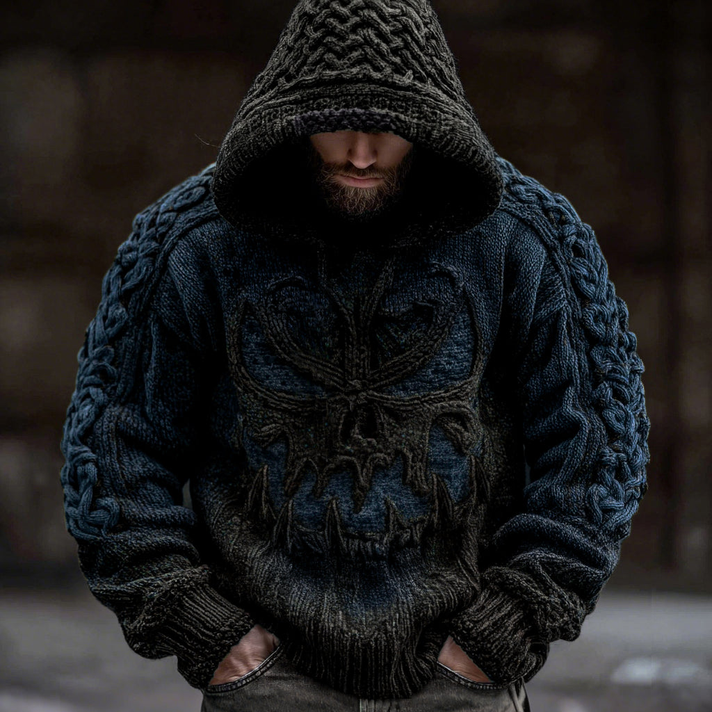Men's Viking Devil Face Celtic Knot Jacquard Knit Hooded Sweater artswardrobe