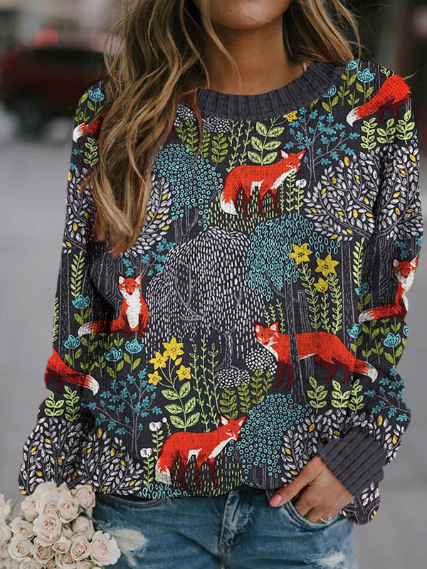 Fox in the Forest Crew Neck Cozy Knit Sweater artswardrobe