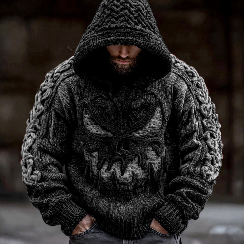 Men's Viking Devil Face Celtic Knot Jacquard Knit Hooded Sweater artswardrobe