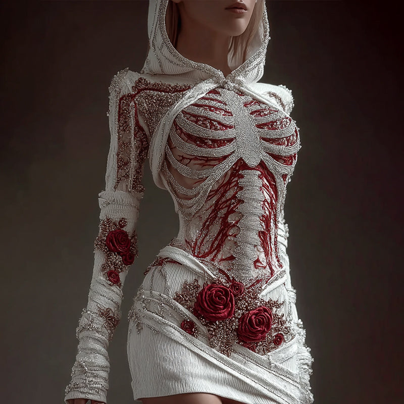 Comstylish Women's Skeleton Roses Bandages Knit Hooded Mini Sweater Dress
