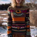 Vintage Spooky Eyeball Striped Patchwork Cozy Knit Sweater artswardrobe