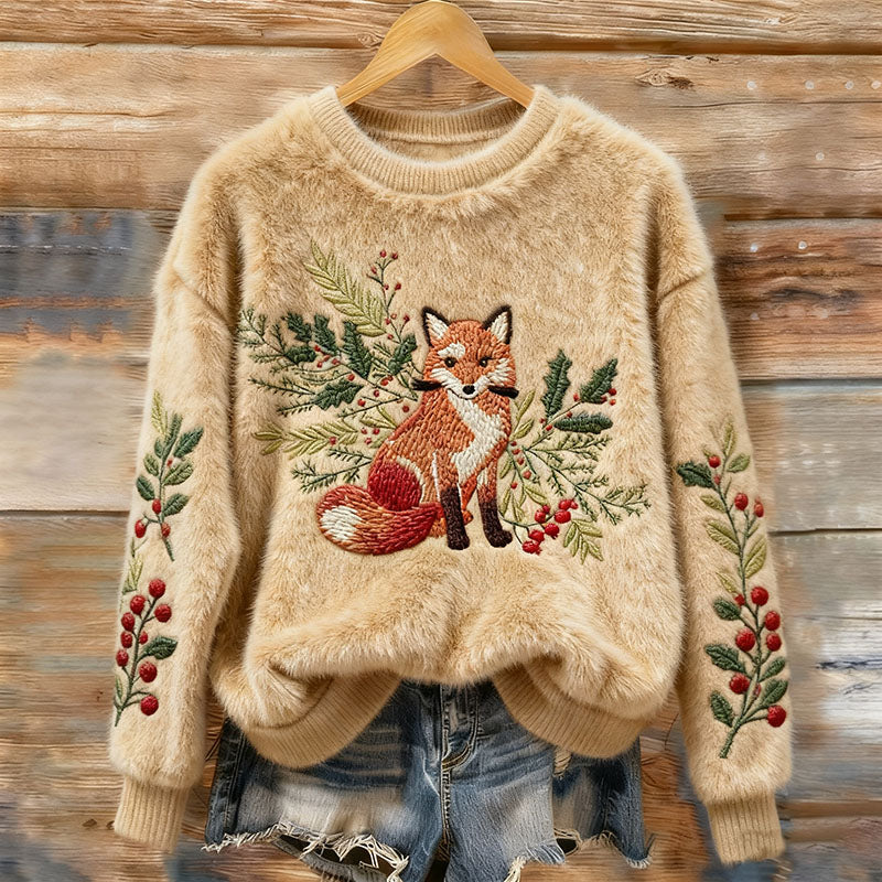 Women's Vintage Christmas Fox Holly Leaf Art Cozy Plush Sweater artswardrobe