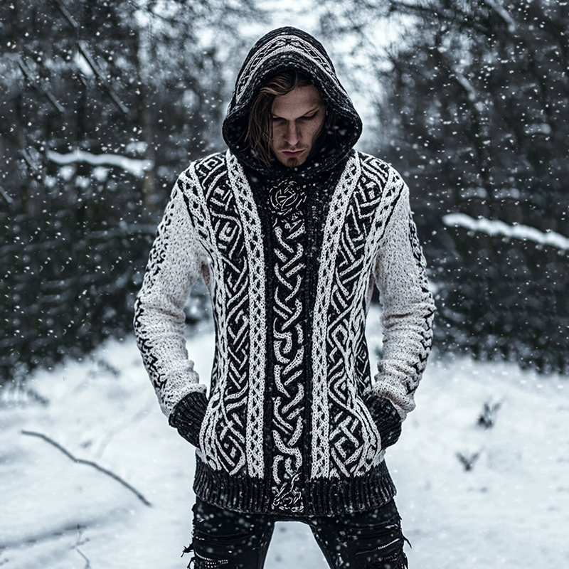 Vintage Viking Rune Thick Needle Comfortable Warm Hooded Sweater artswardrobe
