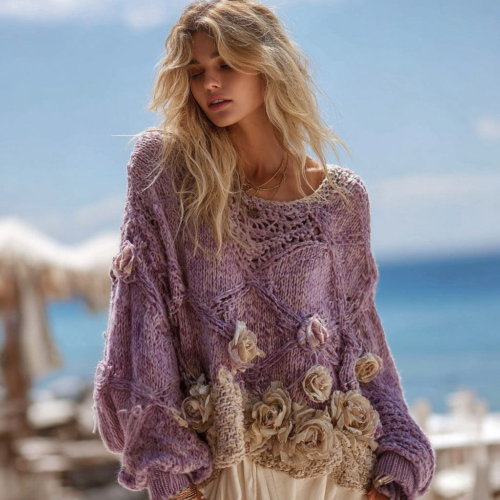 Women's Boho Rose Chunky Knit Crew Neck Colorblock Design Aran Sweater artswardrobe