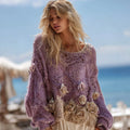 Women's Boho Rose Chunky Knit Crew Neck Colorblock Design Aran Sweater