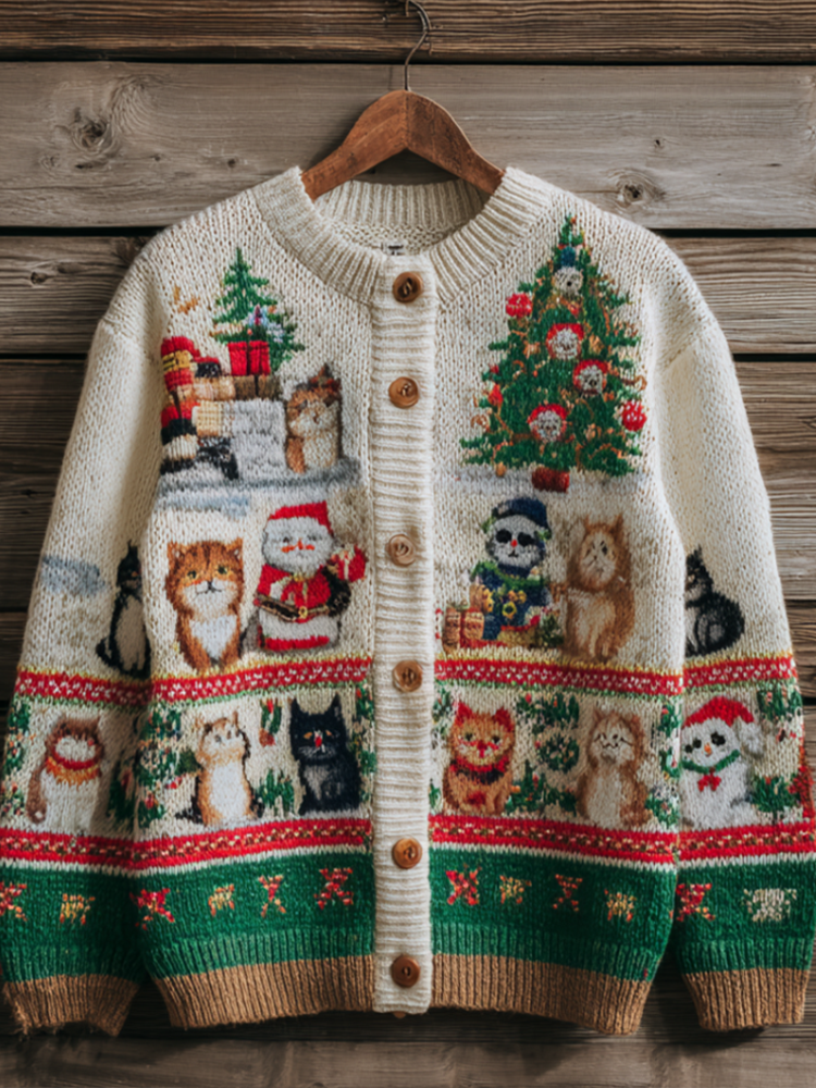Christmas Fun Cat Women's Knit Sweater Coat artswardrobe
