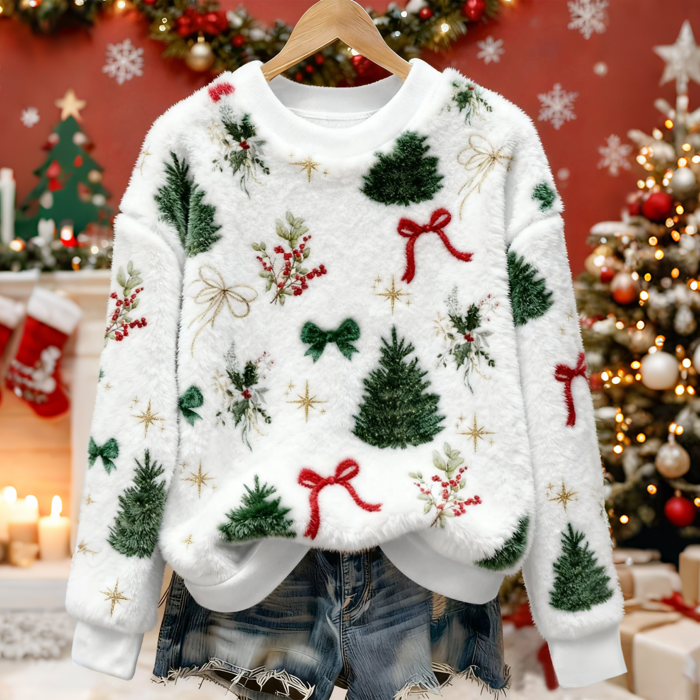 Comstylish Cute Bow And Holly Berry Pattern Warm Crew Neck Sweater